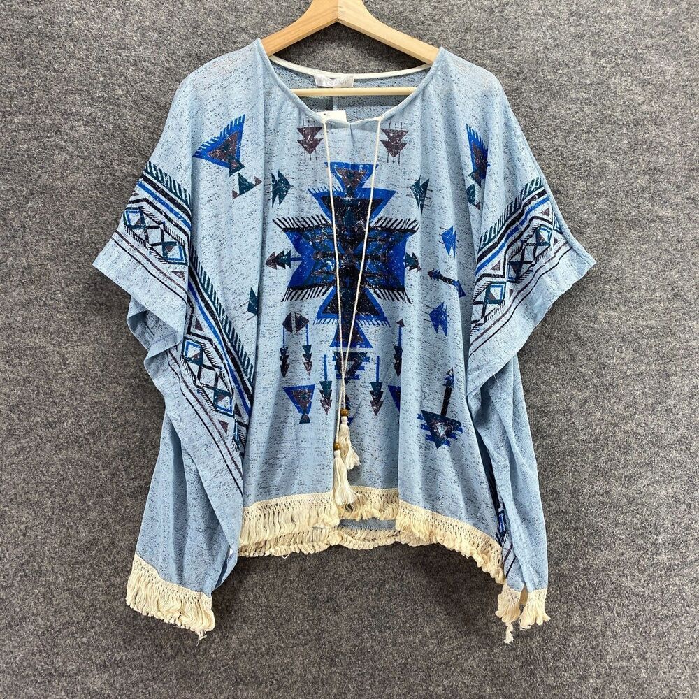 New INSLady Blouse Women M Medium Blue Geometric Crew Neck Tasseled Fringe